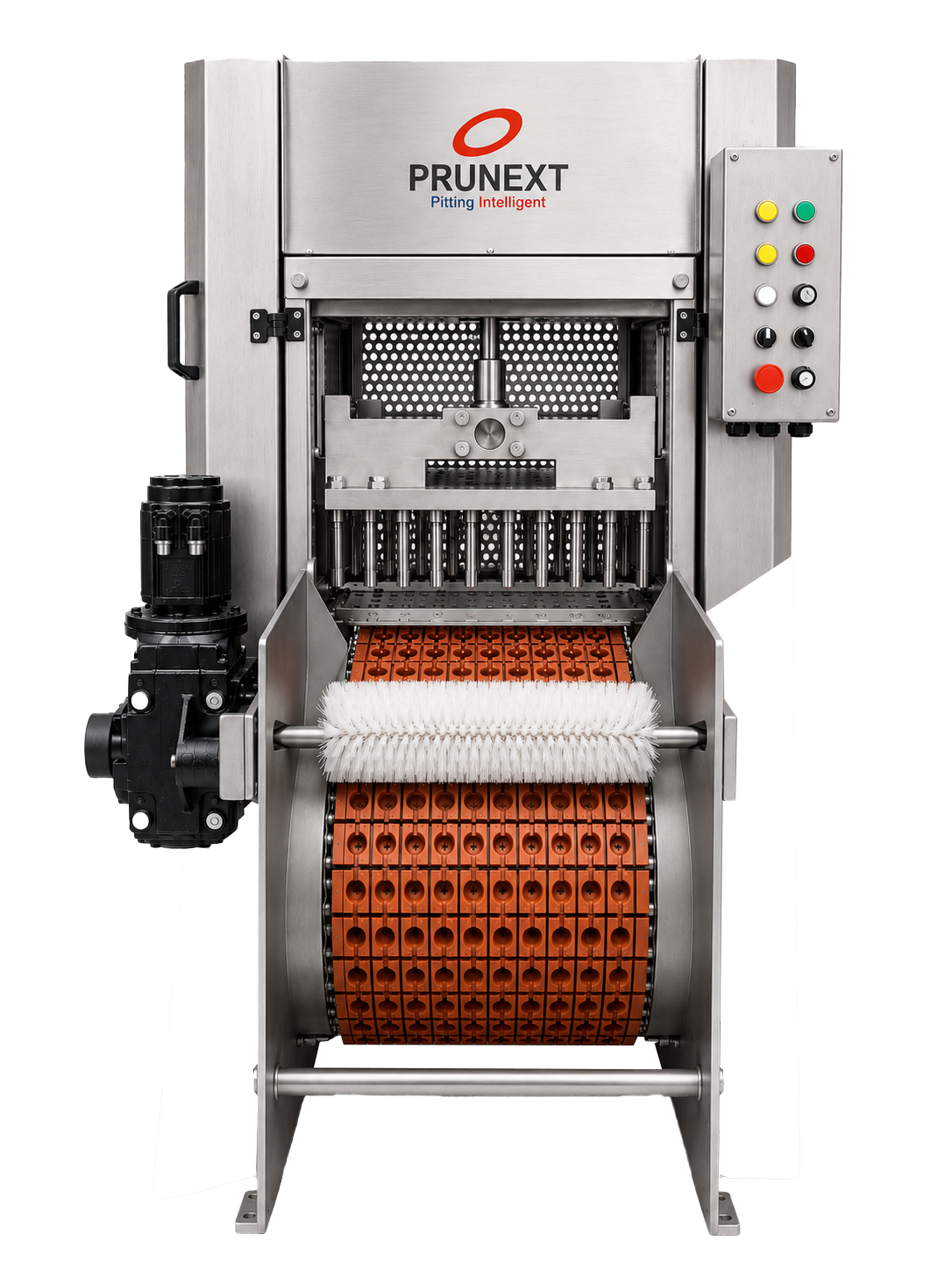 Descarozadora PRUNEXT X40C, vista frontal mostrando el sistema de punzones y la cinta de mandriles con cepillo de limpieza